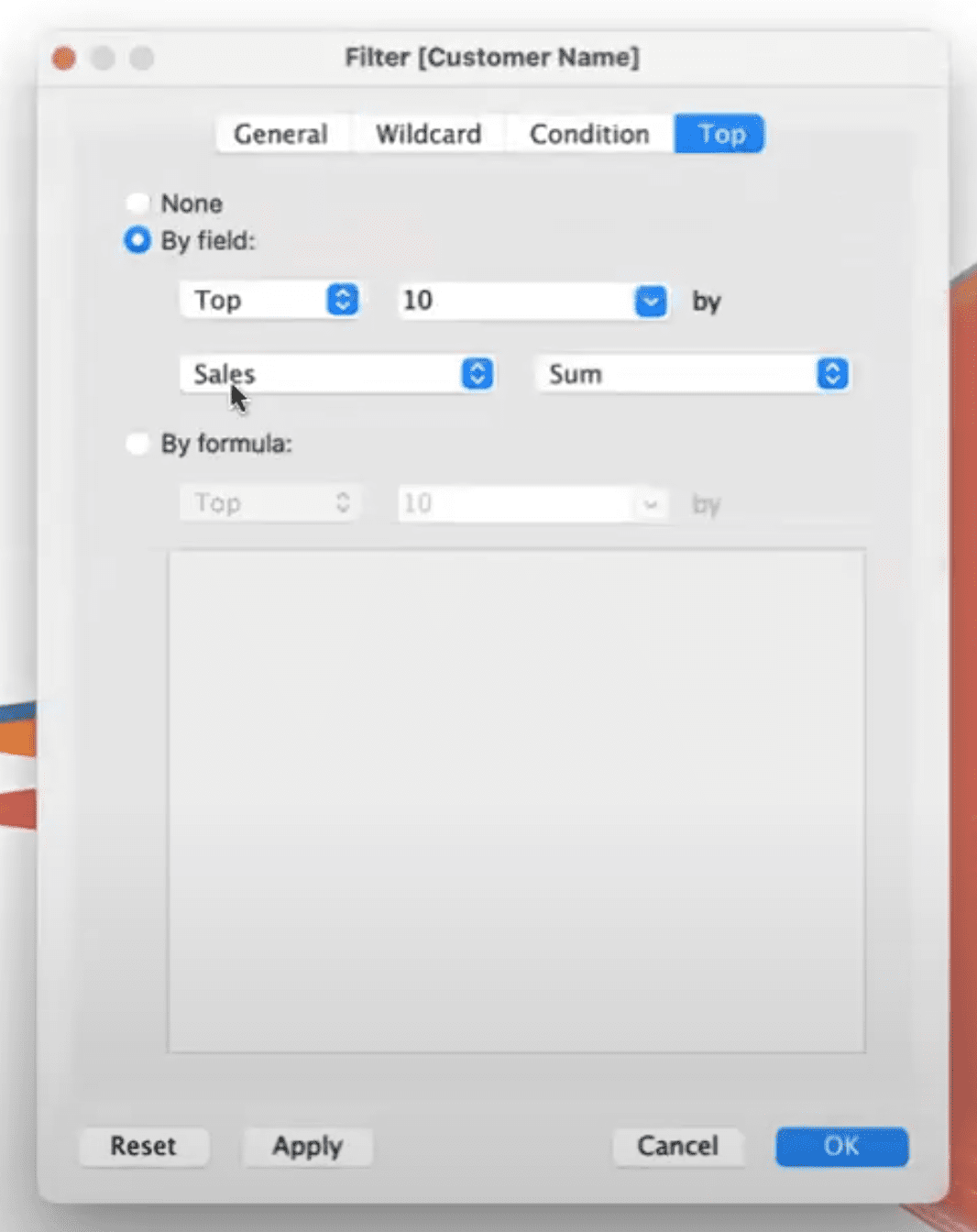 Filter Modal showing options for filtering by top 10 sales.