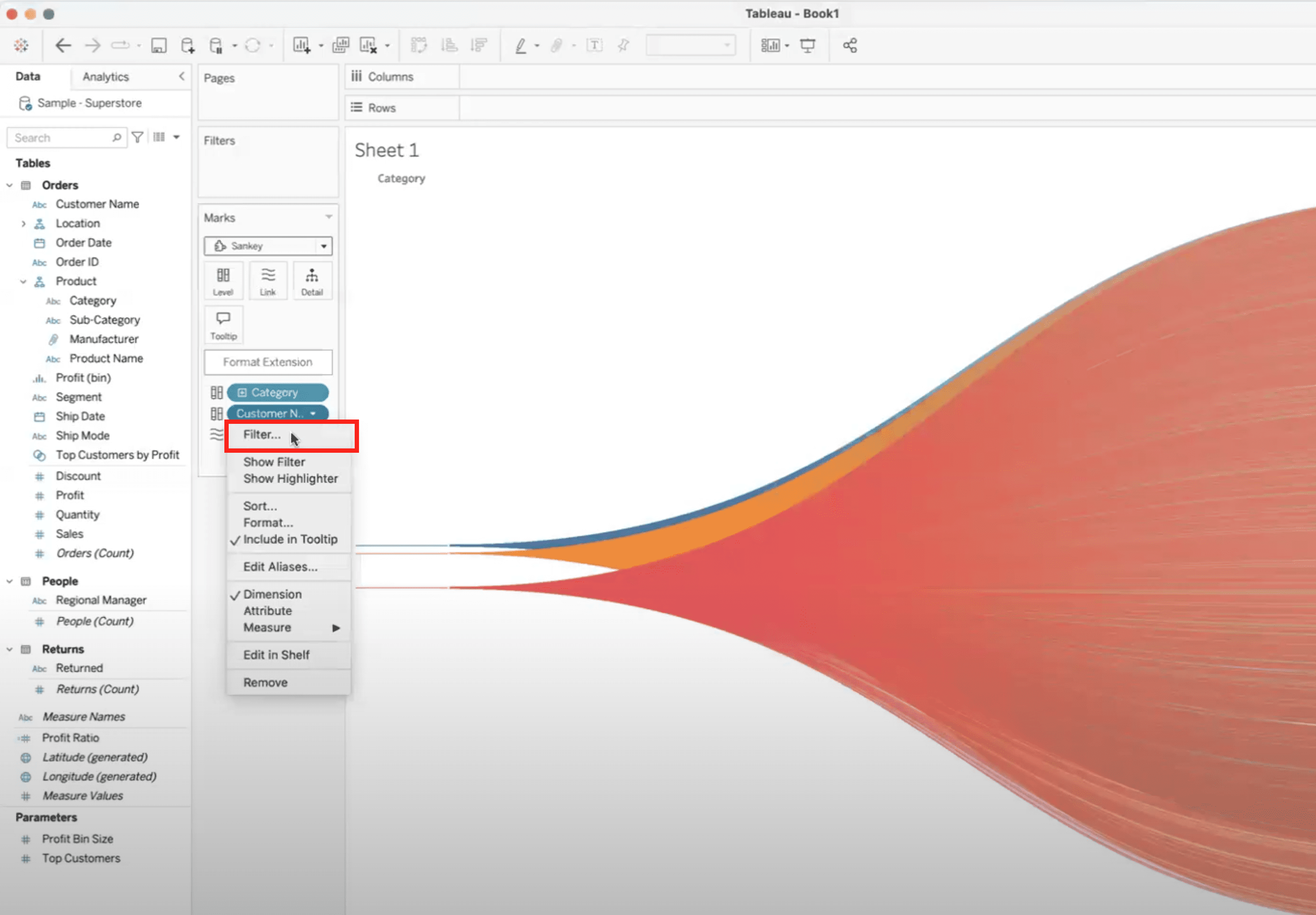 Filter customer name in Tableau desktop.