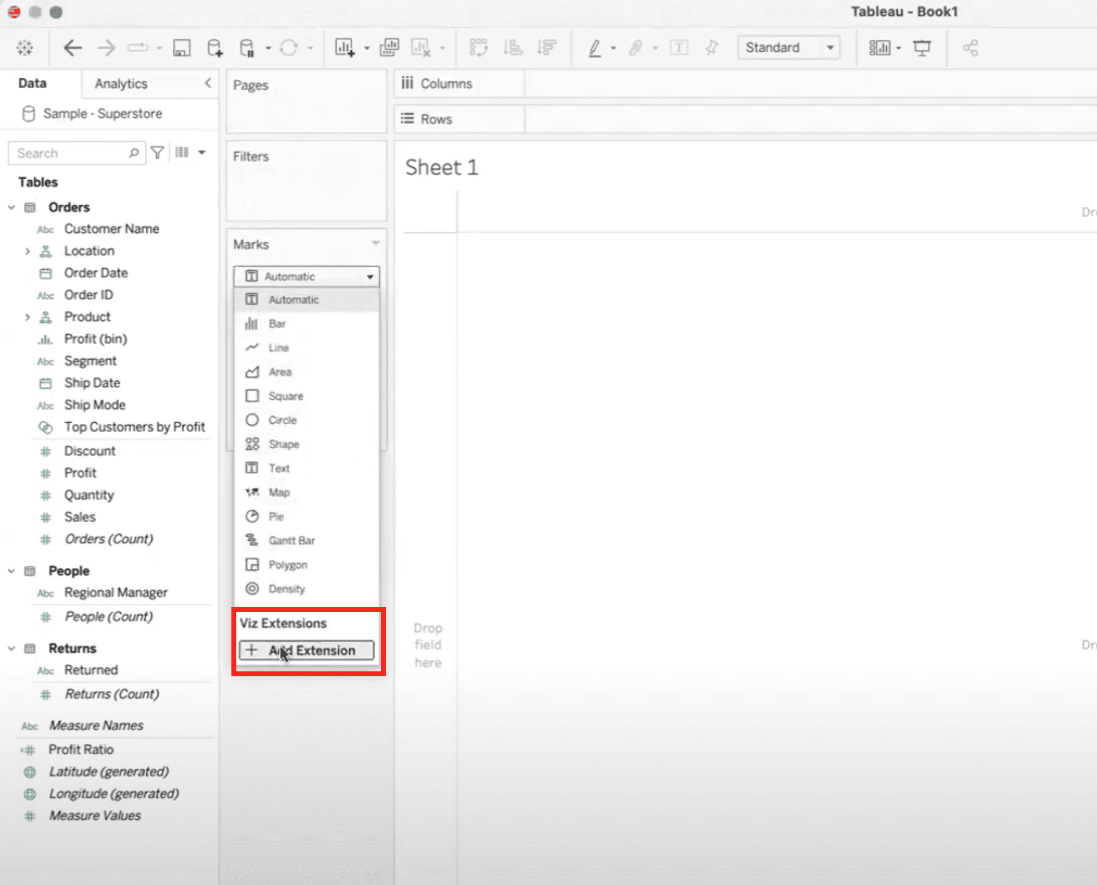 There is an Add Extension button under the Viz Extensions heading in the dropdown within the Marks panel in Tableau Desktop.