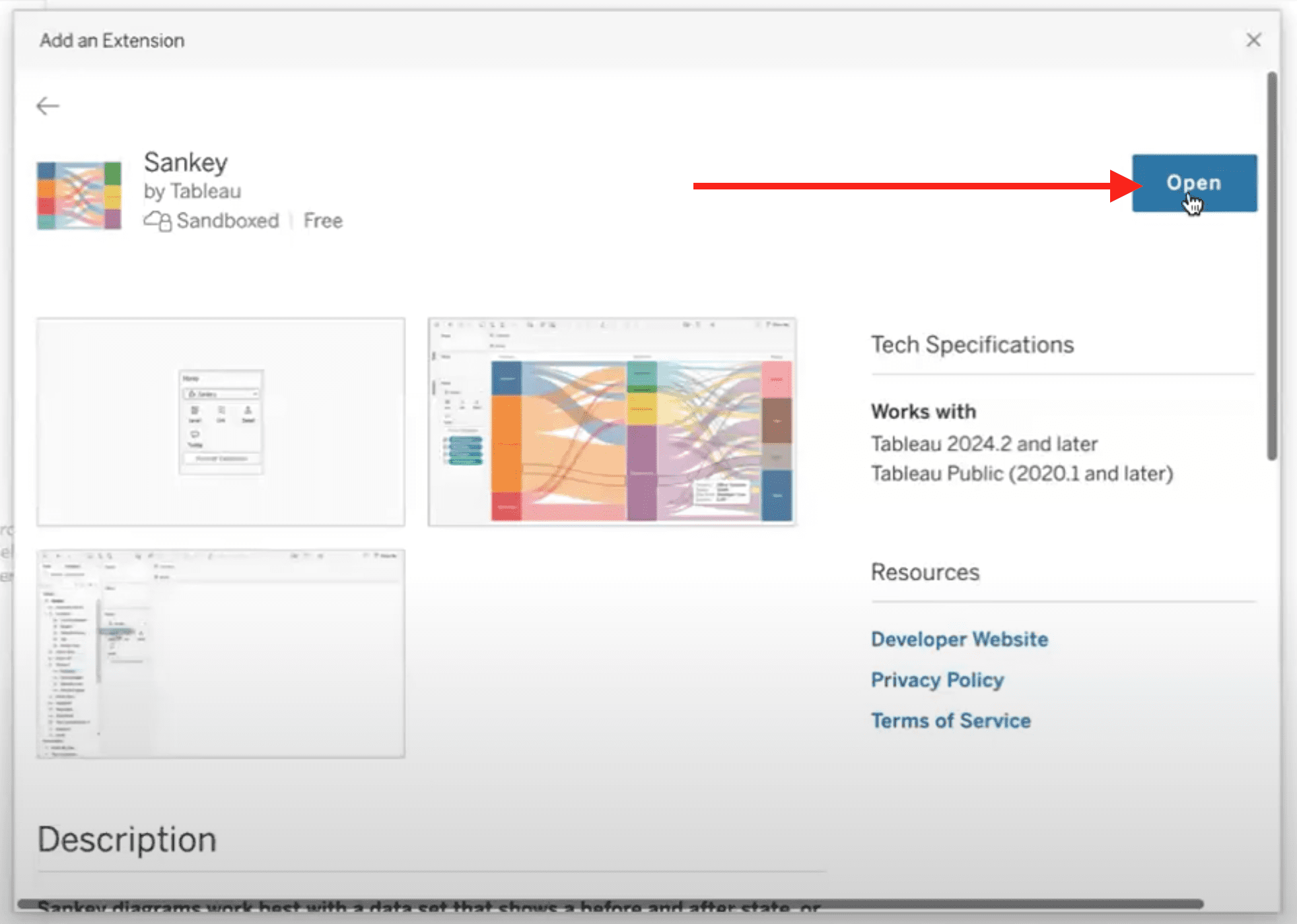 Open button in details view for Sankey viz extension details modal.
