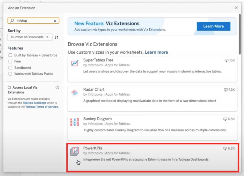 PowerKPIs in the Viz extensions Add Extension Modal