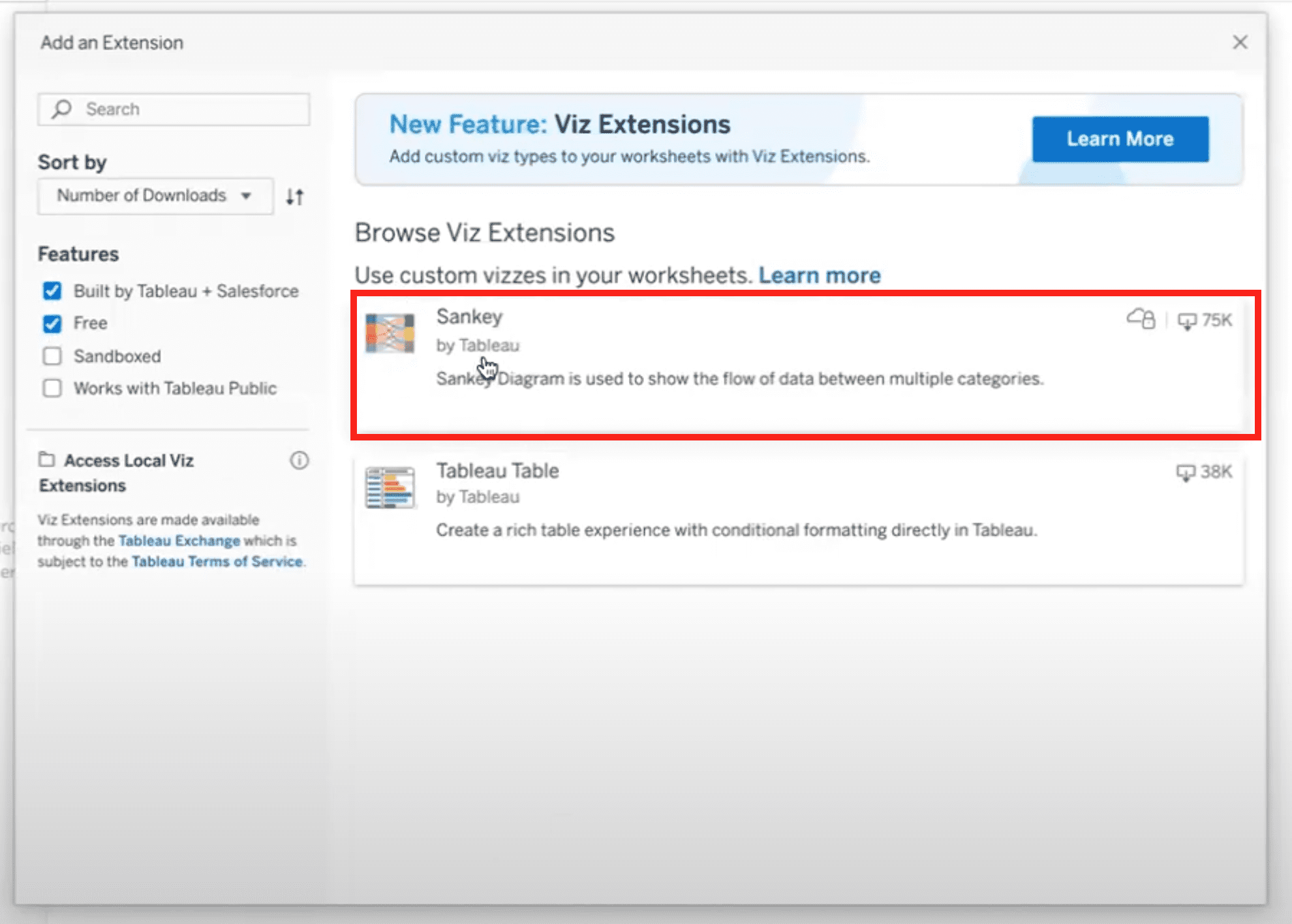 Sankey viz in the Add Extension modal