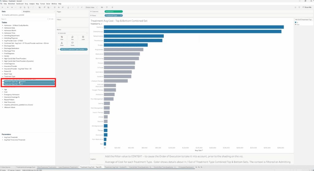 Tableau Data Pane showing two sets selected simultaneously in preparation for creating a combined set.