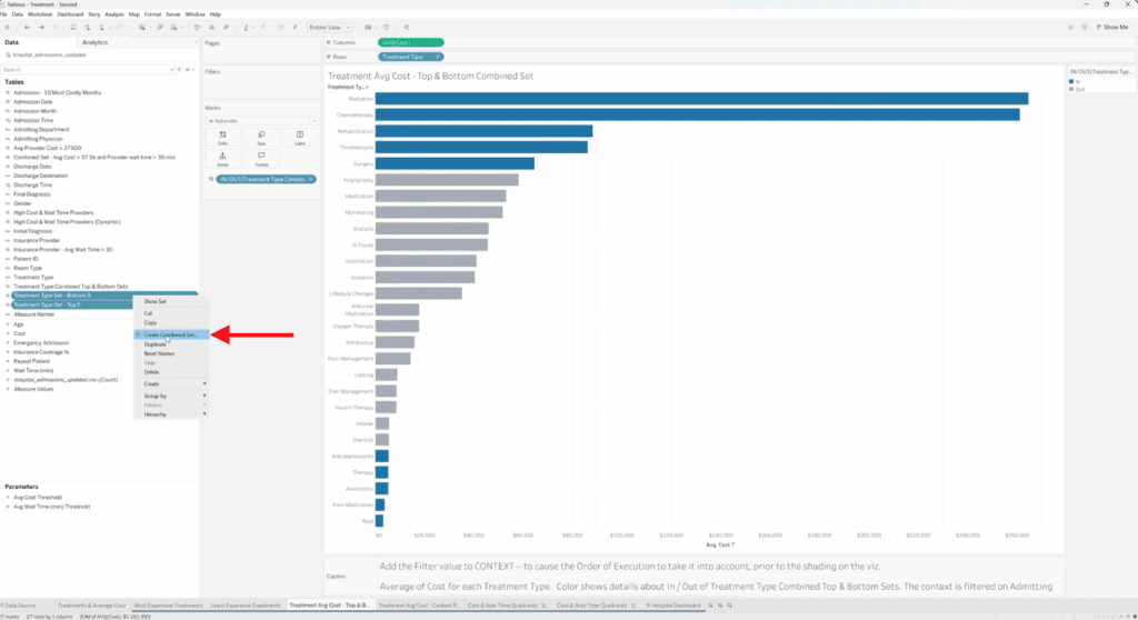 Tableau Data Pane with two sets selected and a right-click menu open, highlighting the “Create Combined Set” option.