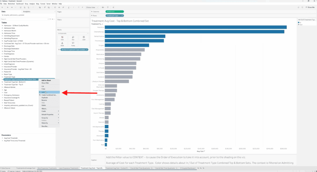 Tableau Data Pane showing a right-click menu on the newly created combined set, with the “Edit Set” option highlighted.