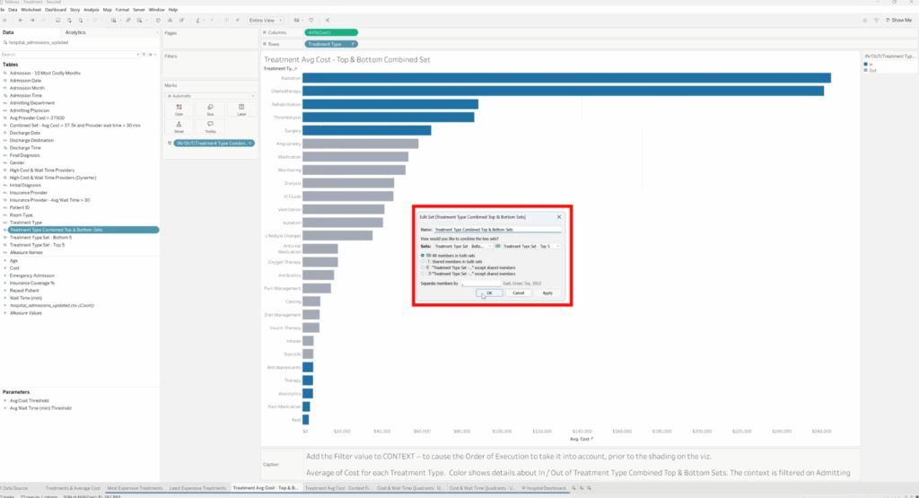 Tableau Edit Set dialog box open, displaying configuration options to define how combined sets are handled, including intersecting and outer edge selections.