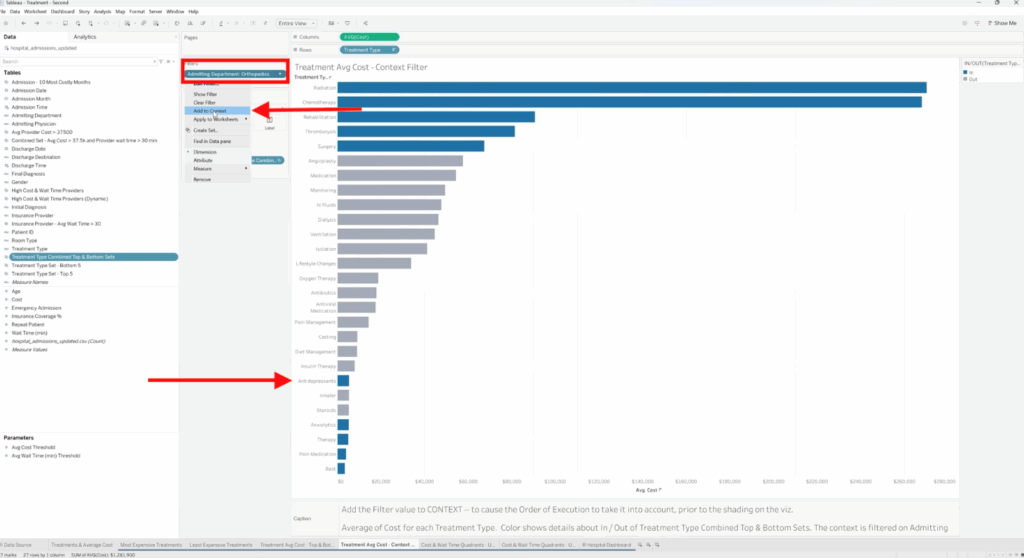 Tableau Filters Shelf showing a right-click menu on an active filter, with the “Add to Context” option highlighted to change the order of execution.