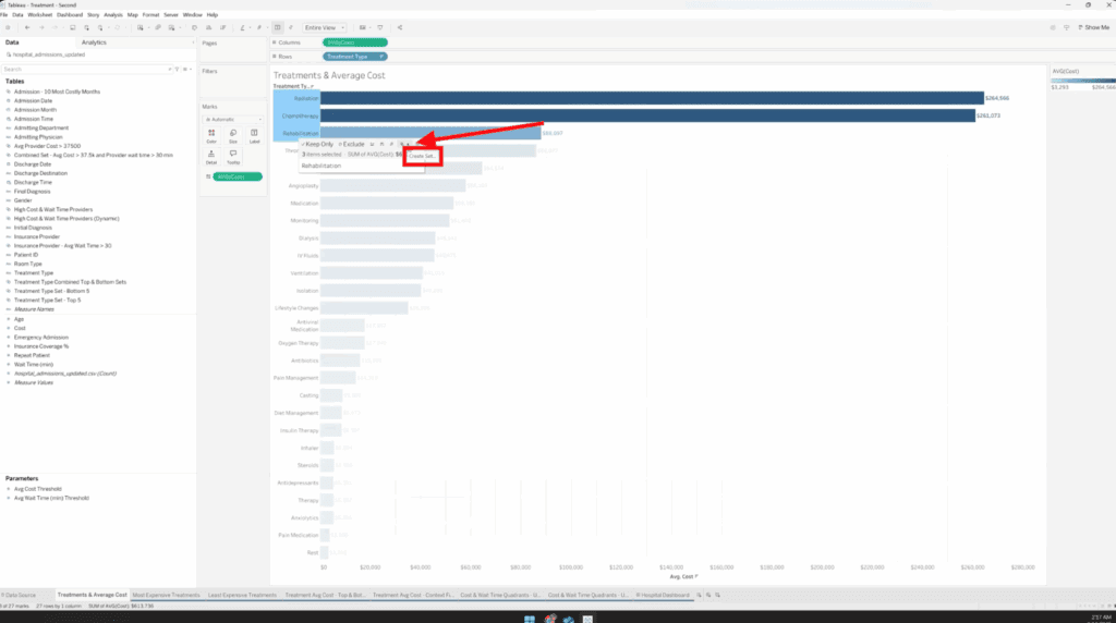 Tableau interface with selected data marks and a right-click menu open, highlighting the “Create Set” option.