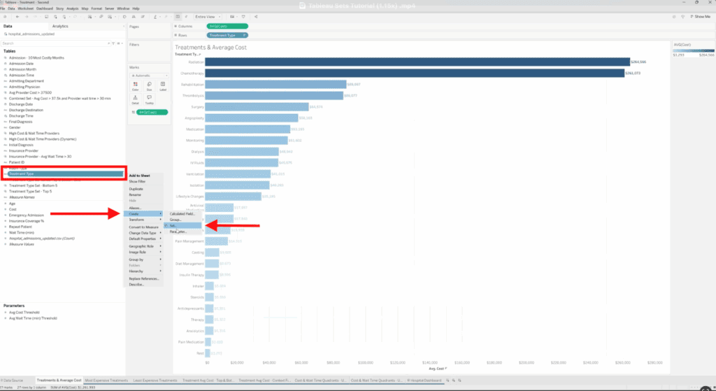 Tableau Data Pane showing a right-click menu on the “Treatment Type” dimension with the path Create > Set highlighted.