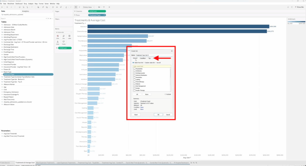 Tableau Create Set dialog box open, displaying the General, Condition, and Top tabs for defining set criteria.