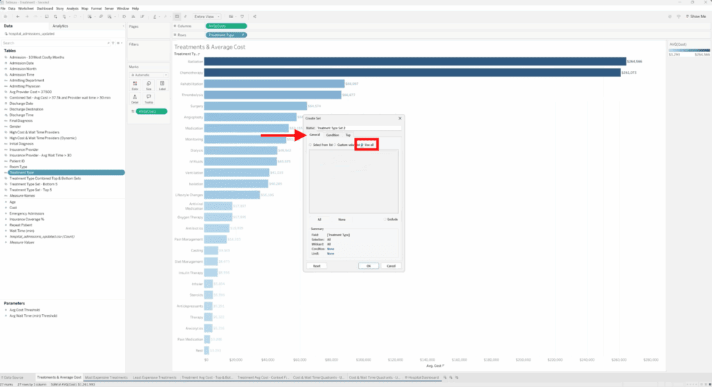 Tableau Create Set dialog box with the General tab selected and the “Use All” option highlighted to include all data values.