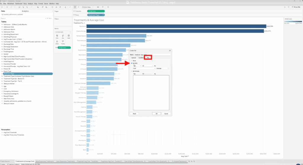 Tableau Create Set dialog box with the Top tab selected, showing options to include the top 10 treatments by average cost.