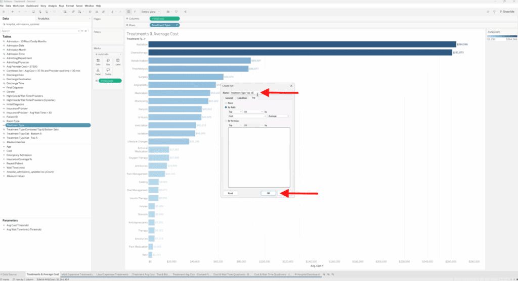 Tableau Create Set dialog box showing the new set named “Top 10 Treatments,” with the OK button highlighted to save the set.