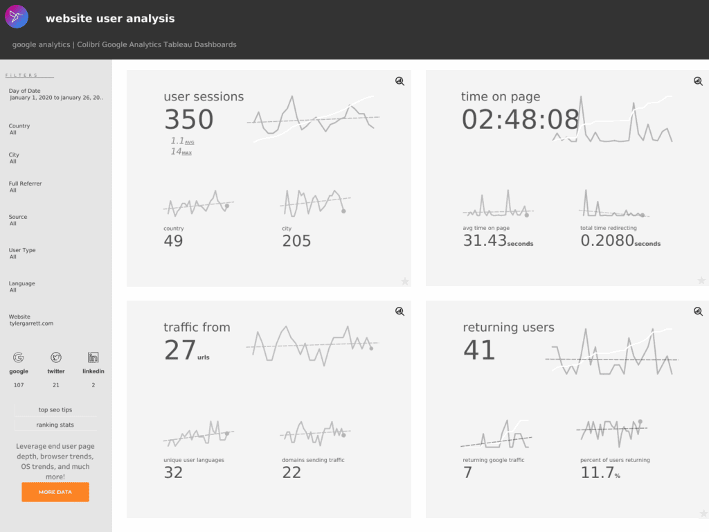 A user analysis dashboard showing sessions, time on page, returning users, referrers, and languages. Includes filters for location, referrer, source, and user type, plus traffic sources like Google, Twitter, and LinkedIn.