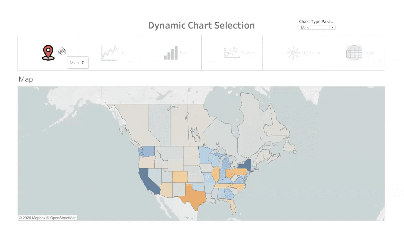 Tableau dashboard showing a dynamic chart selector with icon buttons across the top, with the Map icon selected and a filled U.S. map displayed in the main dashboard view.