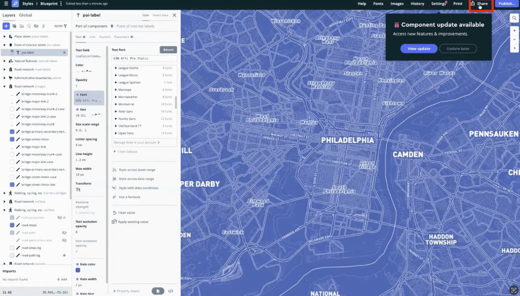 Mapbox Studio interface with the Share button selected in the top navigation.