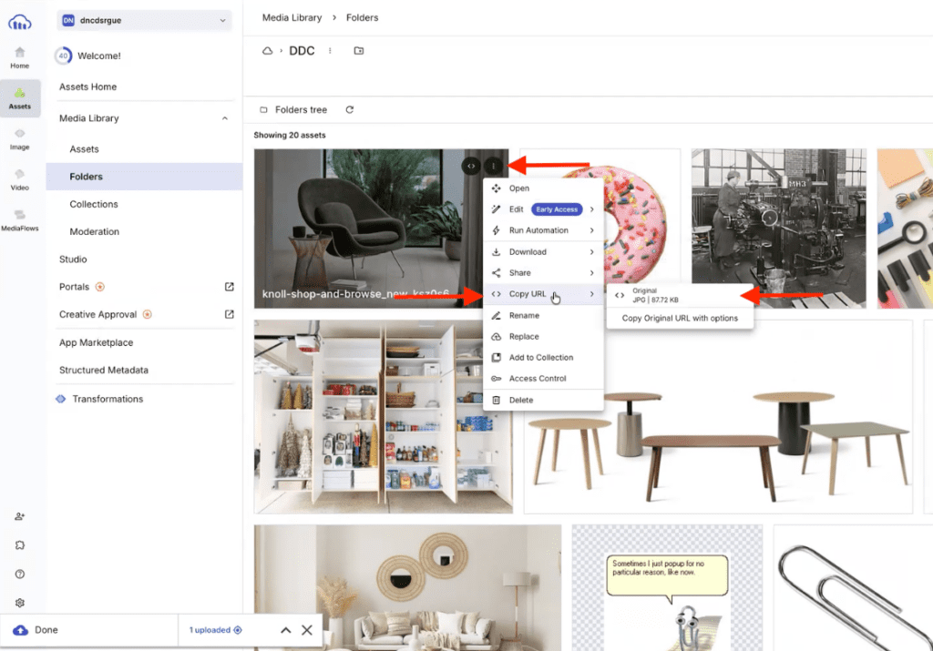 Cloudinary Media Library showing the selected furniture image and the options menu used to access image details.