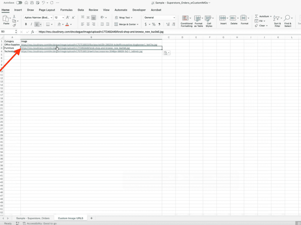 Excel sheet named “Custom Image URLs” showing a Category column and an Image column containing Cloudinary image URLs mapped to each category.