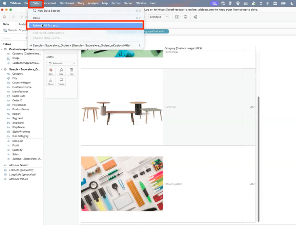 Tableau Desktop Data menu with the Refresh All Extracts option highlighted to update the data source.