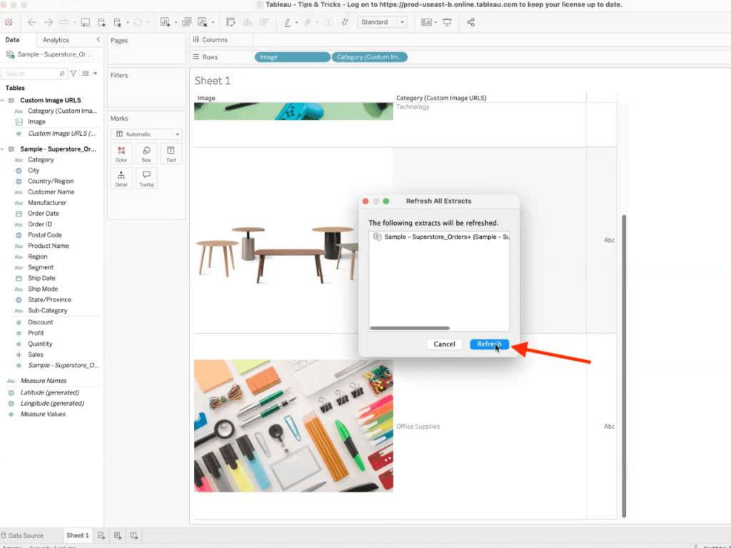 Tableau Refresh All Extracts dialog with the Refresh button selected to reload the dataset.