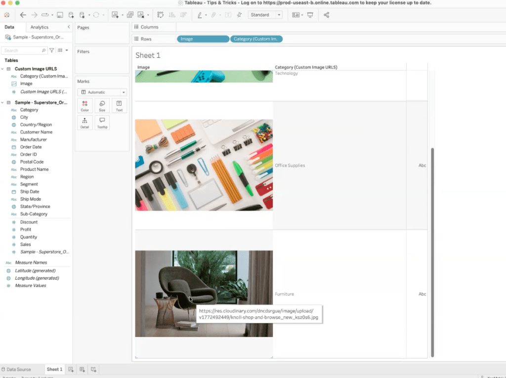 Tableau worksheet displaying category images from the dataset, confirming the image URLs are connected.