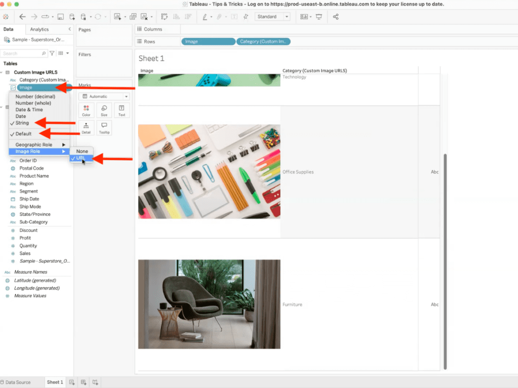 Tableau data pane menu showing the Image field set to Image Role → URL.
