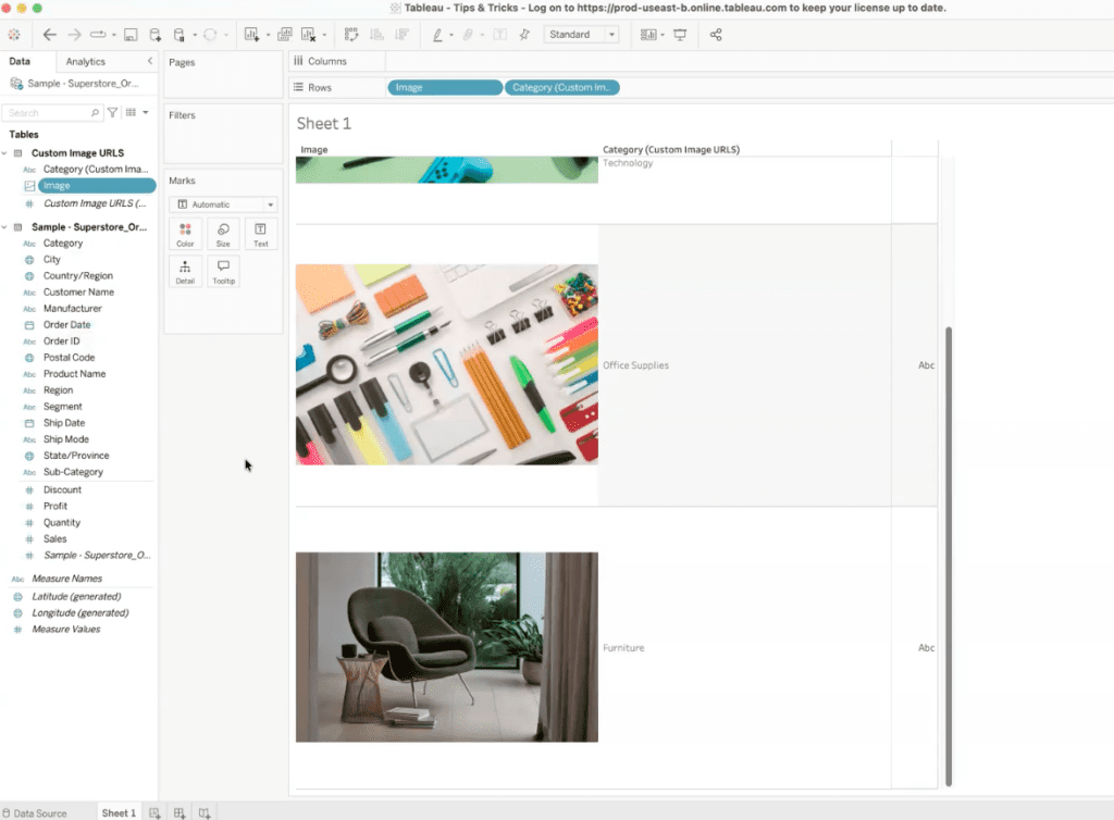 Tableau worksheet displaying dynamic images for each category after configuring the Image URL field.