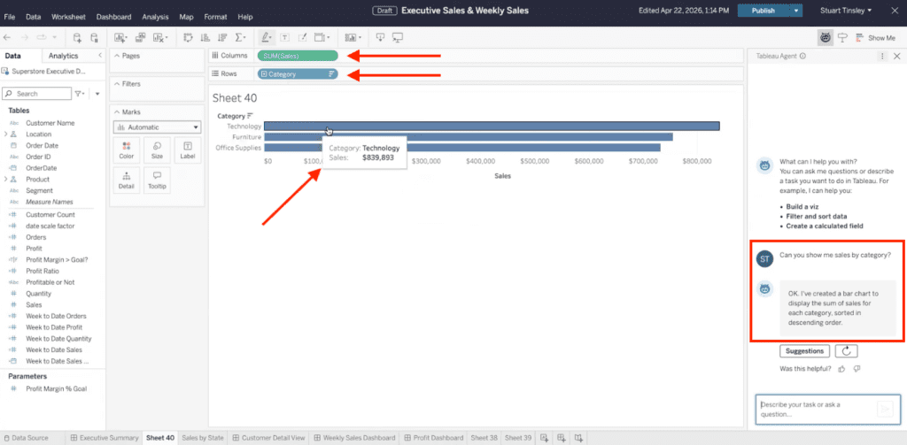 Tableau Agent creating a bar chart in Tableau after the user asks, “Can you show me sales by category?” with Sales on Columns and Category on Rows.