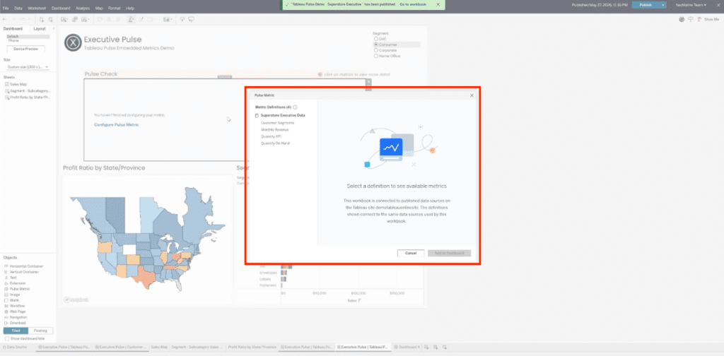 Tableau dashboard with the Pulse Metric configuration window open. Red box highlights the Metric Definitions panel.