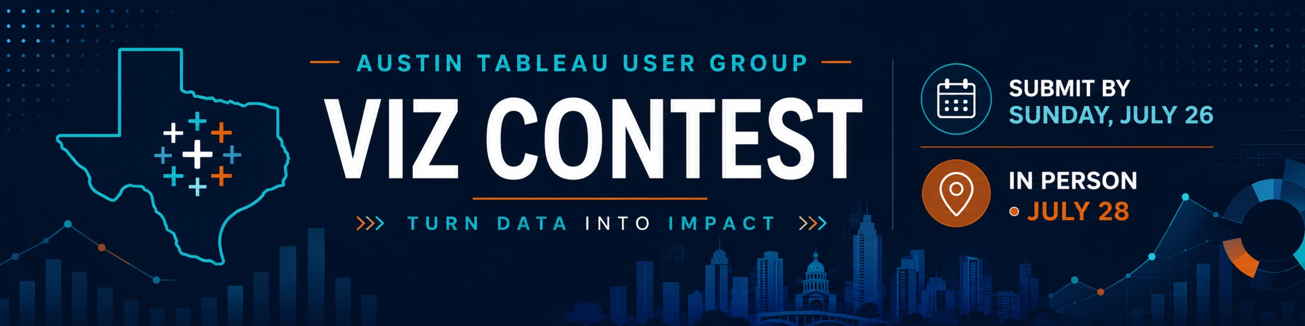 Austin Tableau User Group Viz Contest. Submit by Sunday, July 26. In person July 28.