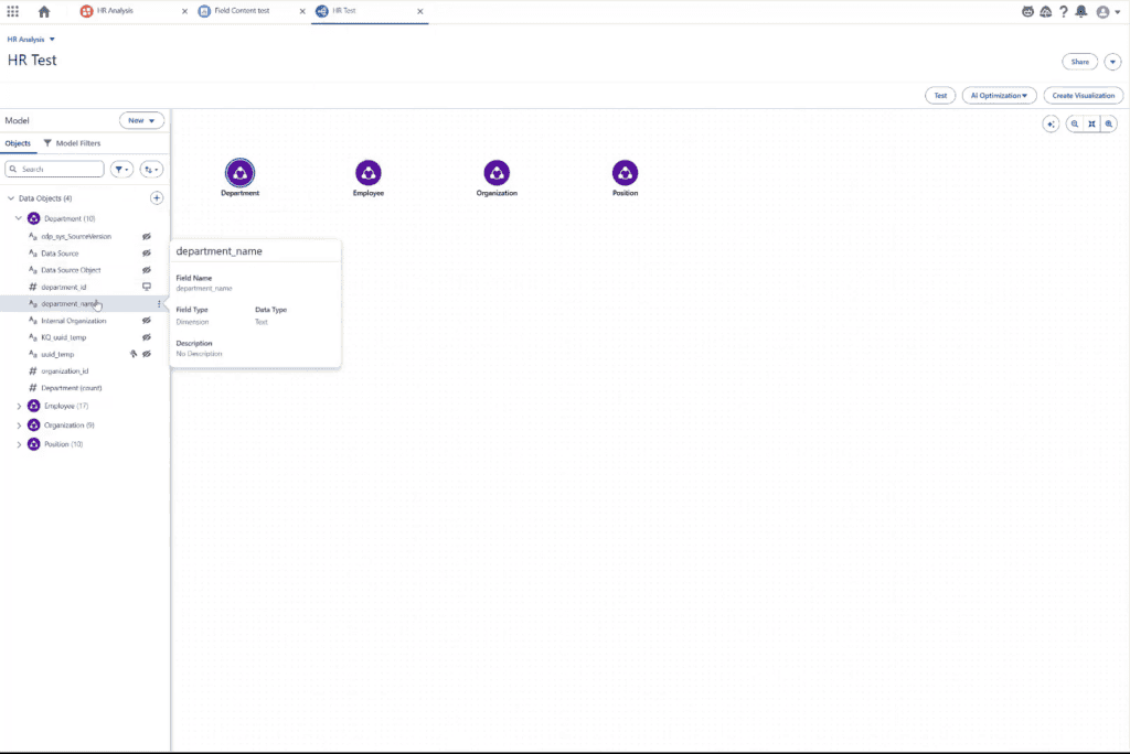 Tableau Next HR semantic model with system-generated Department fields hidden in the data pane.