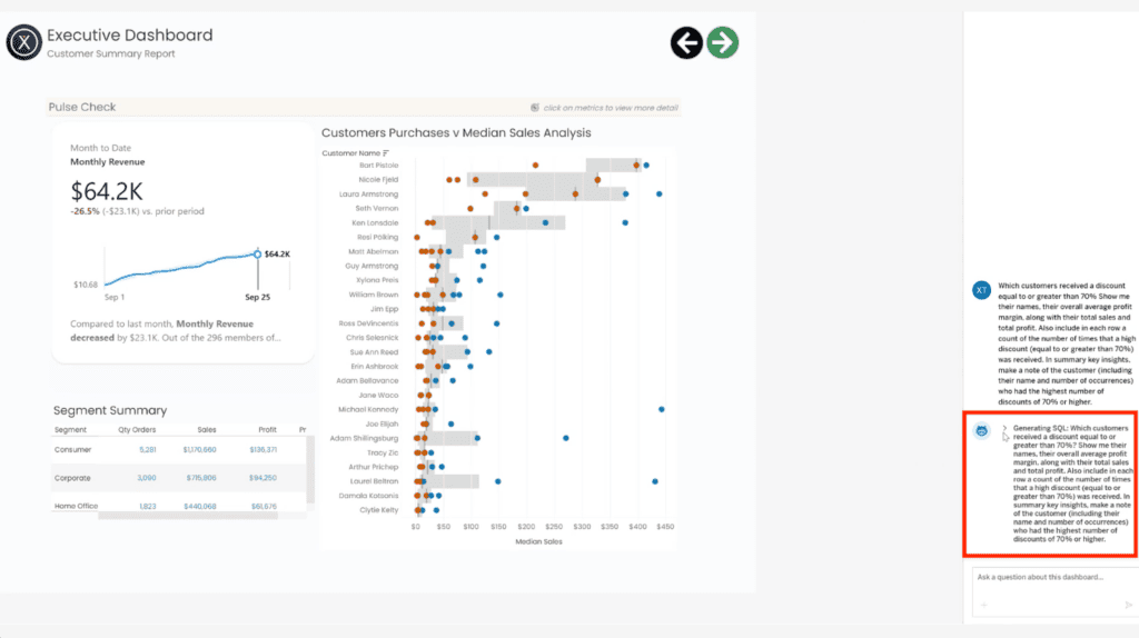 Tableau Agent generating SQL to analyze customers with discounts of 70% or more, with the processing status highlighted.