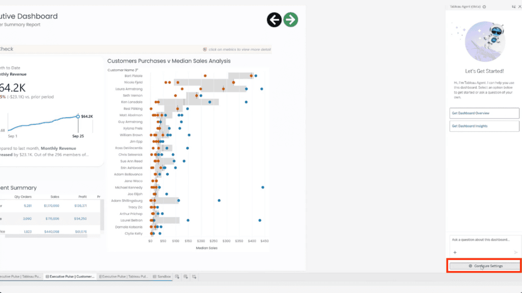 Configure Settings button highlighted at the bottom of the Tableau Agent pane in dashboard editing mode.