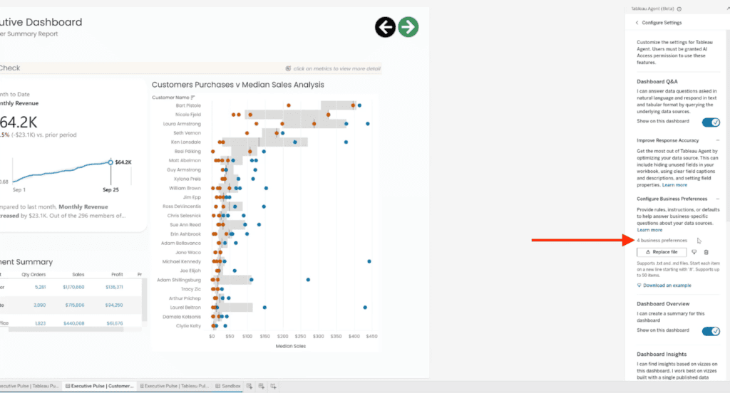 Arrow pointing to “4 business preferences” in Tableau Agent settings, confirming the uploaded file’s preference count.