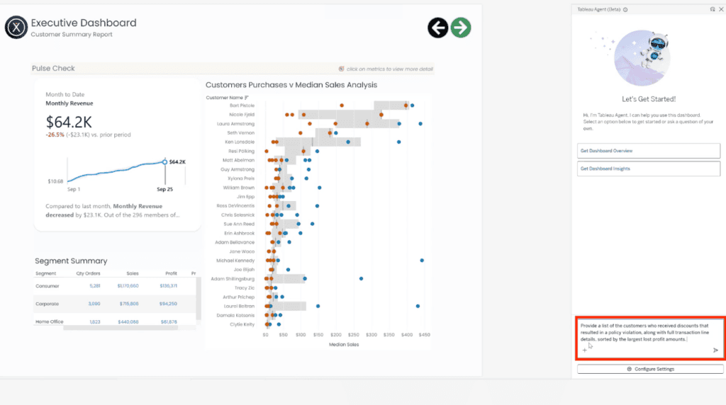 Tableau Agent prompt requesting customers with discount policy violations and transaction details, sorted by largest profit losses.